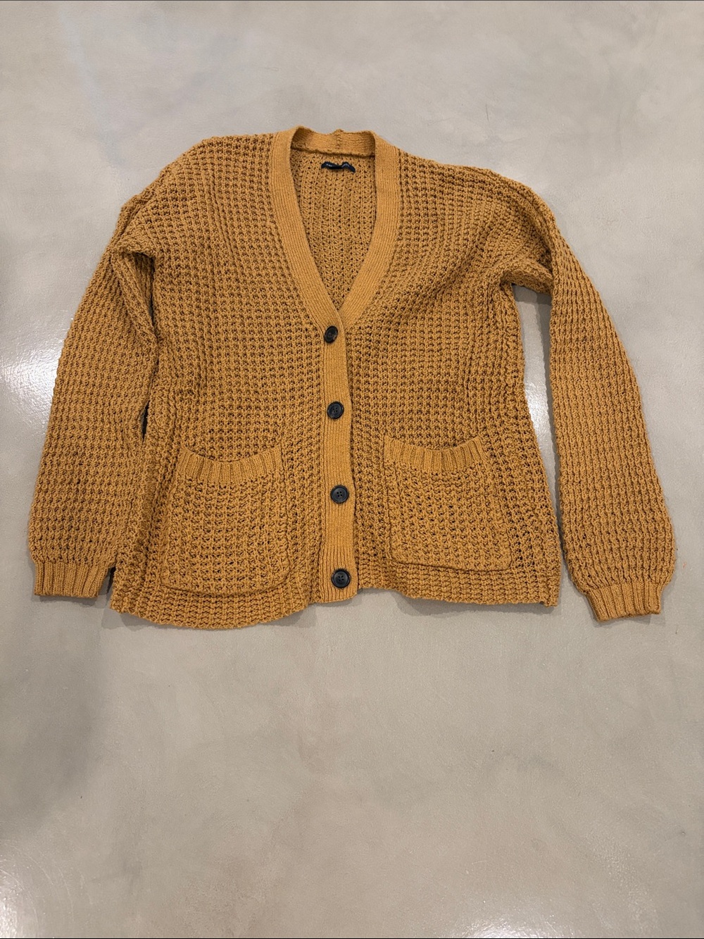 American Eagle Outfitters Mustard Waffle-Knit Button Cardigan